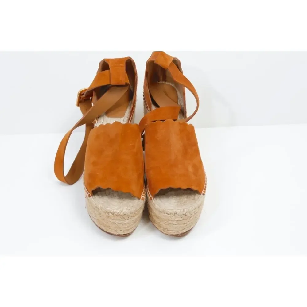 Chloe Lauren Scalloped Suede Espadrille Wedge Sandals 38 Tan Chestnut Platforms